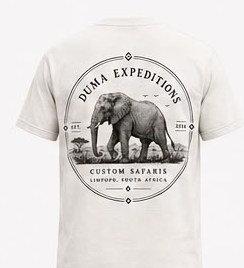 Camiseta DUMA Expeditions — vista trasera con elefante