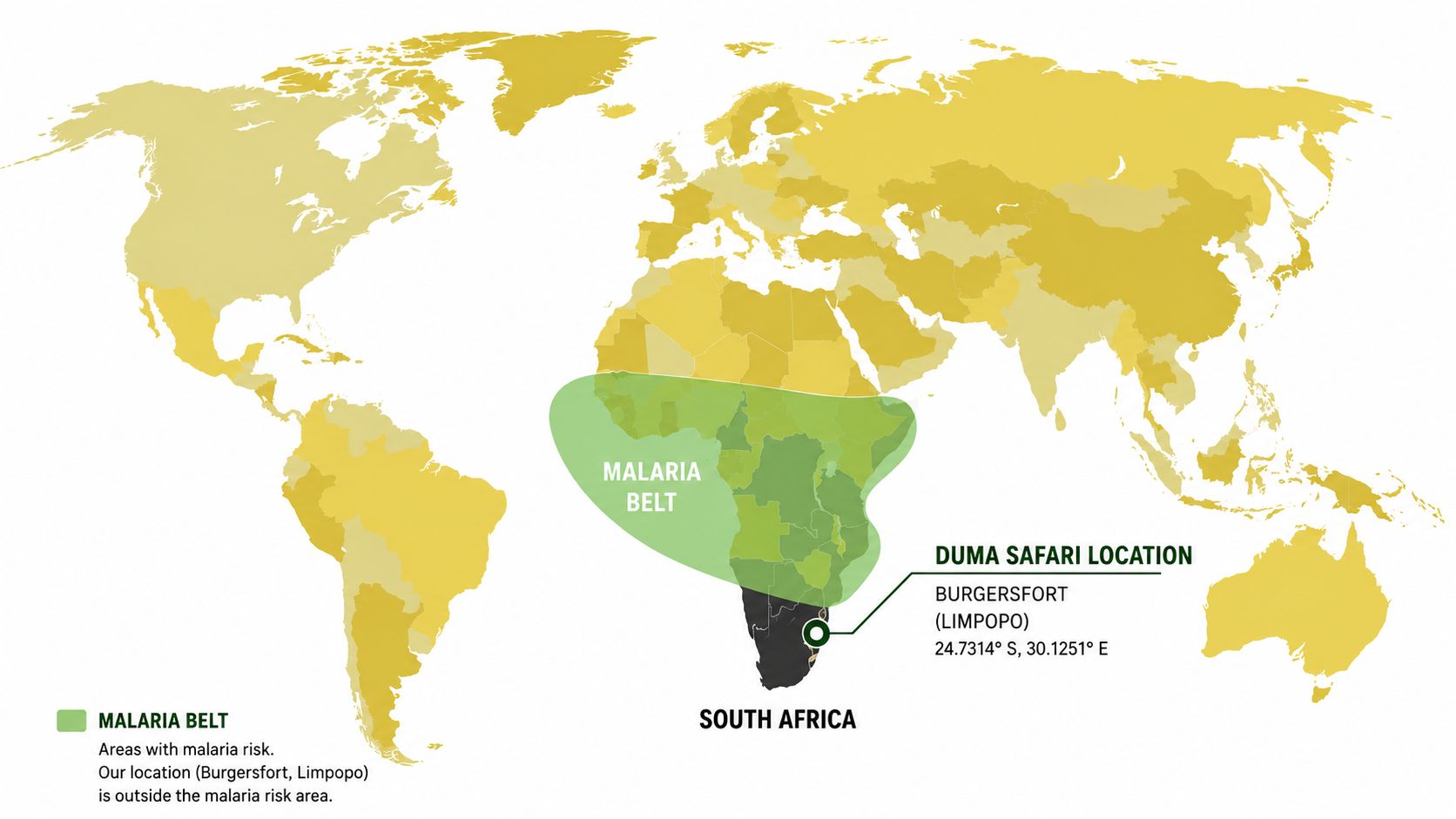 Mapa de ubicación DUMA Safari — Burgersfort, Limpopo, Sudáfrica. Fuera del cinturón de malaria.